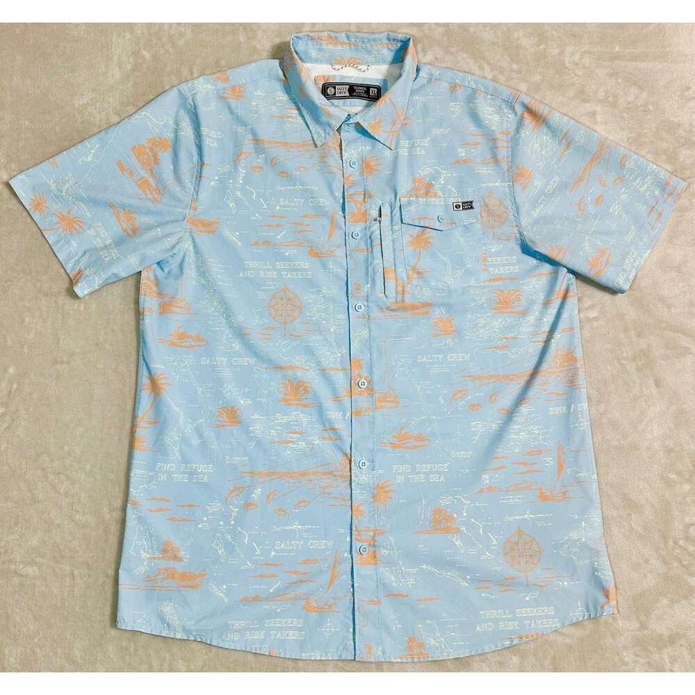 Salty Crew Pinnacle Tech Fishing Shirt Men's XL Nautical Button Up Blue Orange